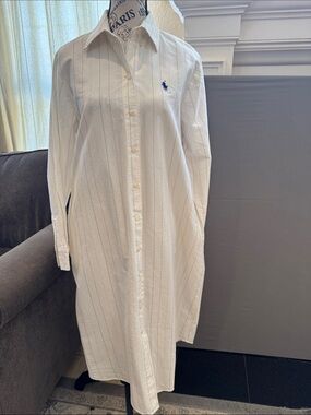 Ralph Lauren White Pinstripe Button-Down Long Shirt Dress